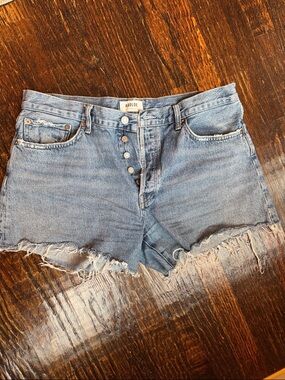 Agolde Washed Blue Frayed Hem Denim Shorts